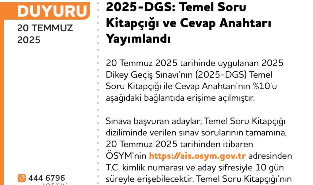 2025-DGS: Temel Soru Kitapçığı ve Cevap Anahtarı Yayımlandı 20 Temmuz 2025 tarihinde