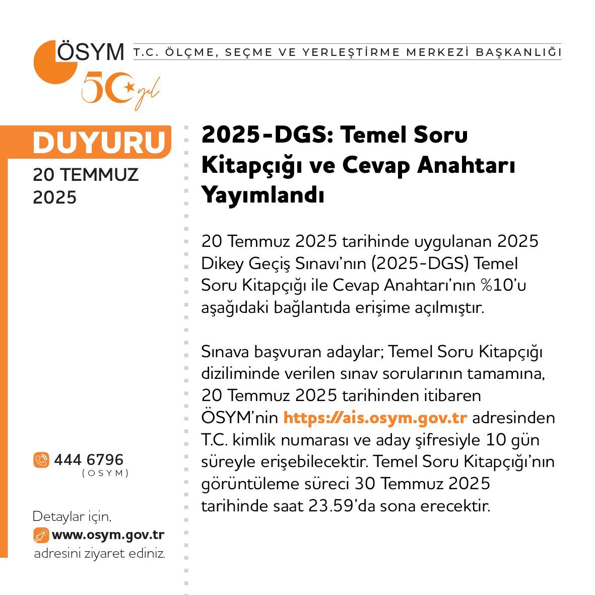 2025-DGS: Temel Soru Kitapçığı ve Cevap Anahtarı Yayımlandı 20 Temmuz 2025 tarihinde