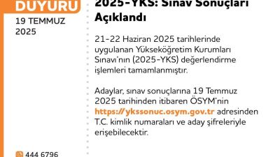 2025-YKS: Sınav Sonuçları Açıklandı 21-22 Haziran 2025 tarihlerinde uygulanan Yükseköğretim Kurumları