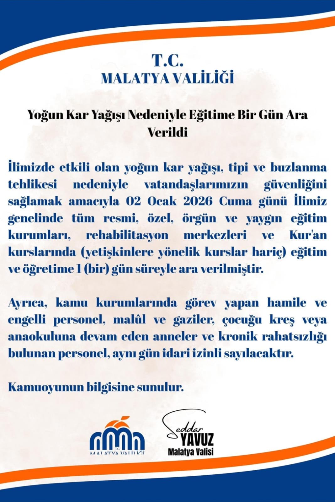 Malatya genelinde etkili olan yoğun kar yağışı, tipi ve buzlanma