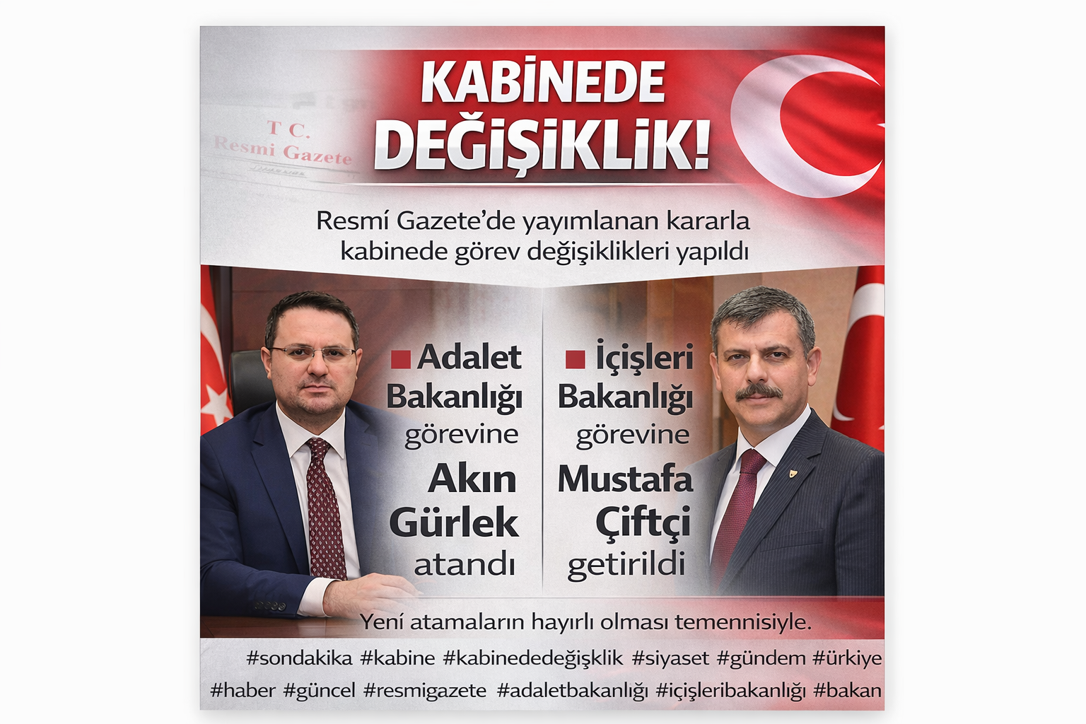Kabinede bazı bakanlık görevlerinde değişikliğe gidildi. Resmî Gazete’de yayımlanan Cumhurbaşkanlığı